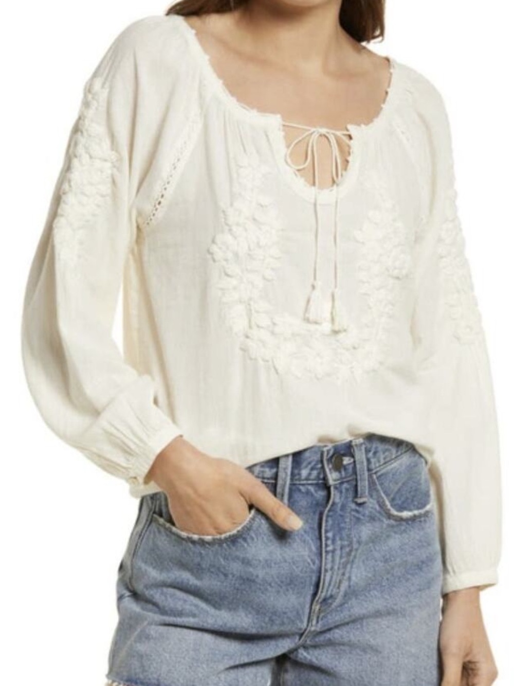 FAHERTY Organic Cotton Botanica Top Embroidered Peasant Blouse